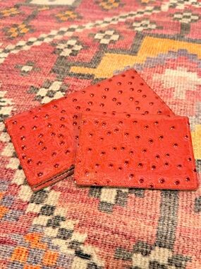 Pink/Red Ostrich Leather Card Holder Slim Wallet Set